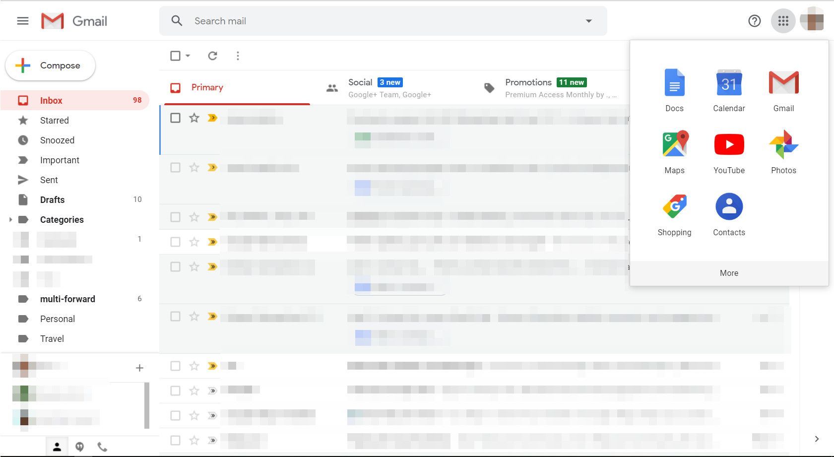 Gmail с отображенным меню Google