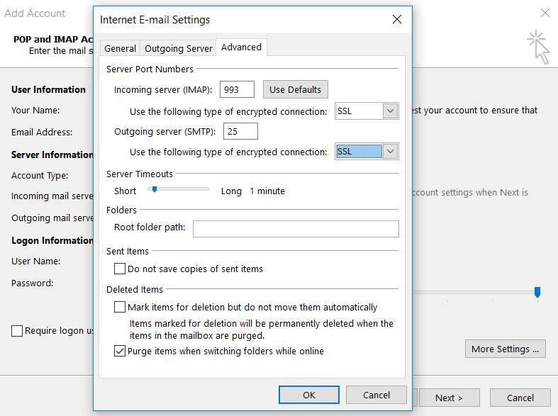 Outlook Advanced IMAP настройки