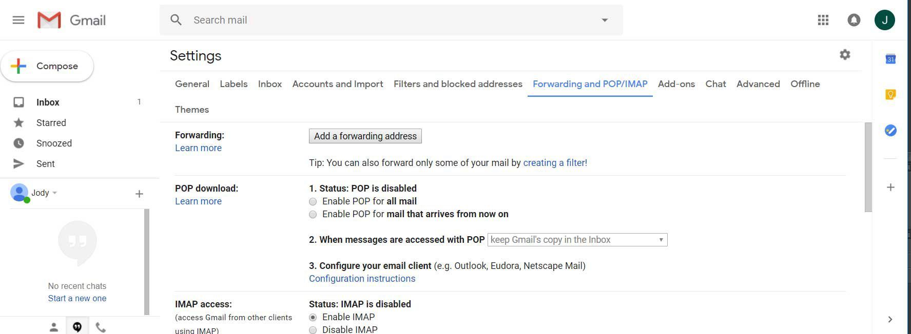 Включить IMAP в настройках Gmail
