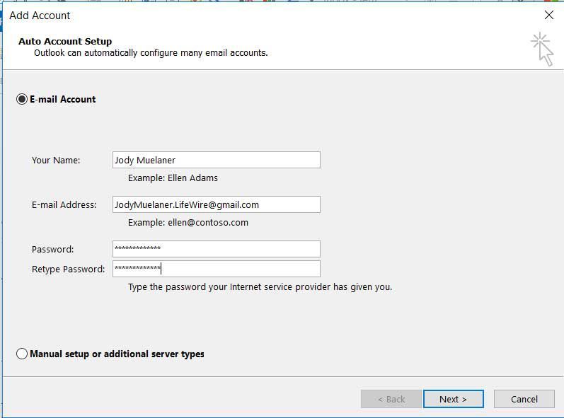Настройки для автоматического добавления Gmail в Outlook