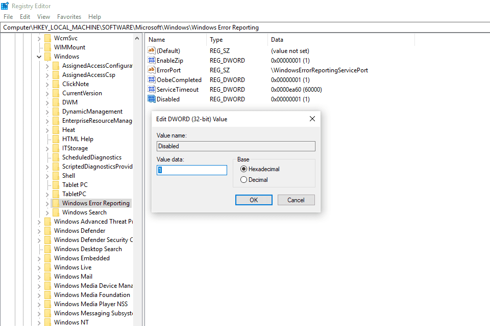 Снимок экрана, показывающий, как отключить отчеты об ошибках Windows в Windows 10 из редактора реестра