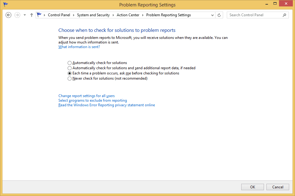 Снимок экрана, показывающий параметры сообщений об ошибках в Windows 8