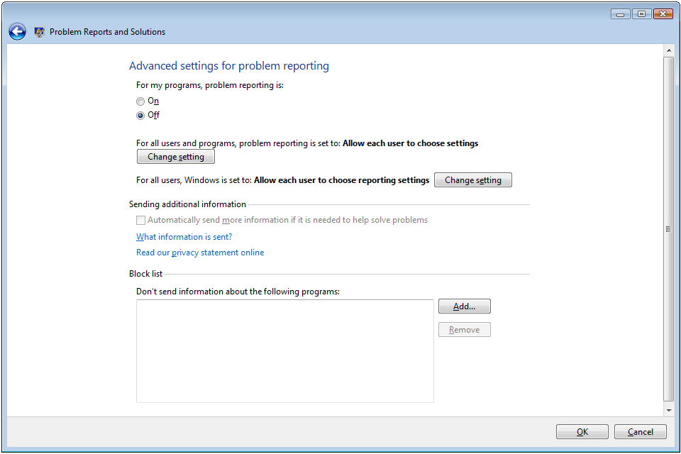 Снимок экрана, показывающий, как отключить отчеты об ошибках Windows в Vista