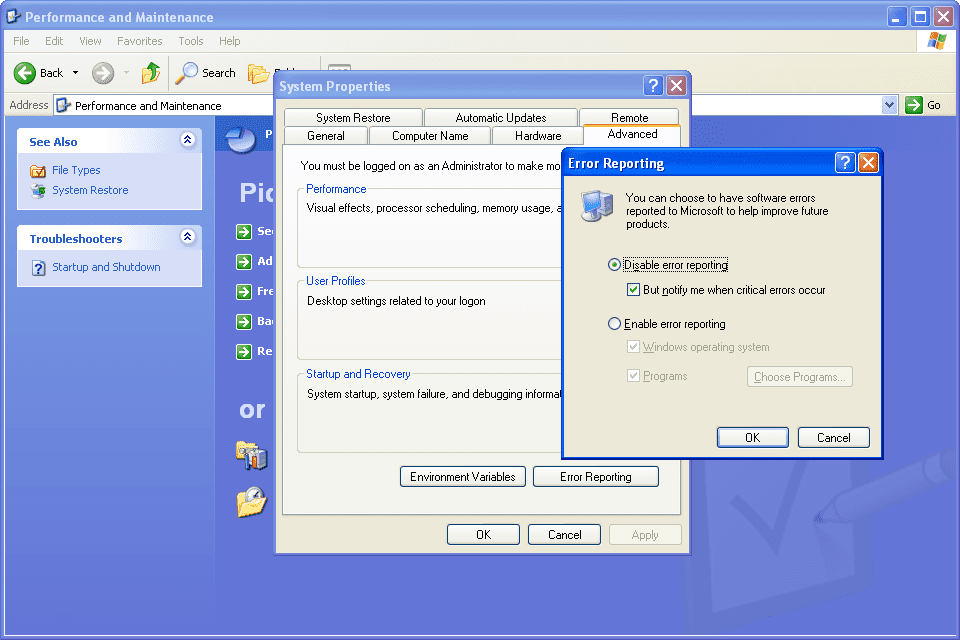 Снимок экрана, показывающий, как отключить отчеты об ошибках Windows XP