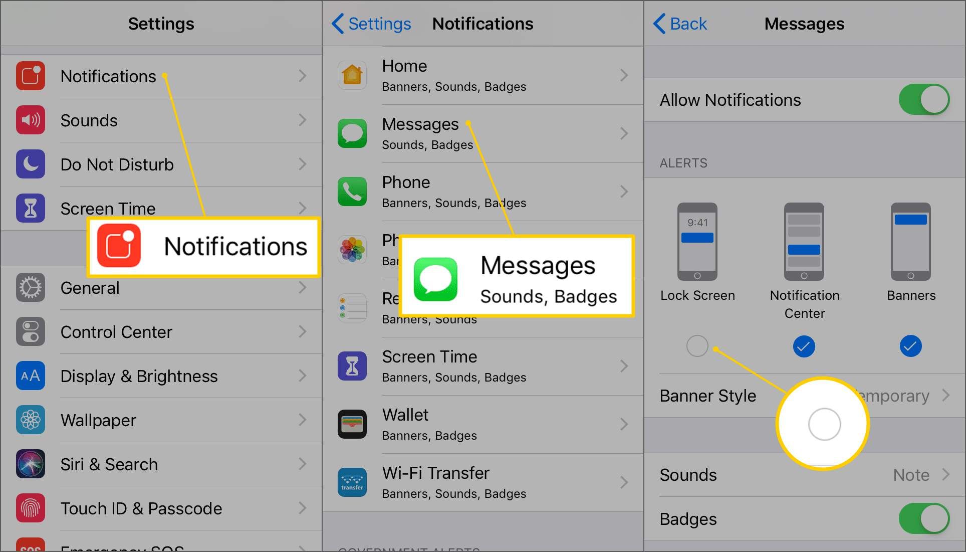 Уведомления, Сообщения, переключатель блокировки экрана в настройках iOS