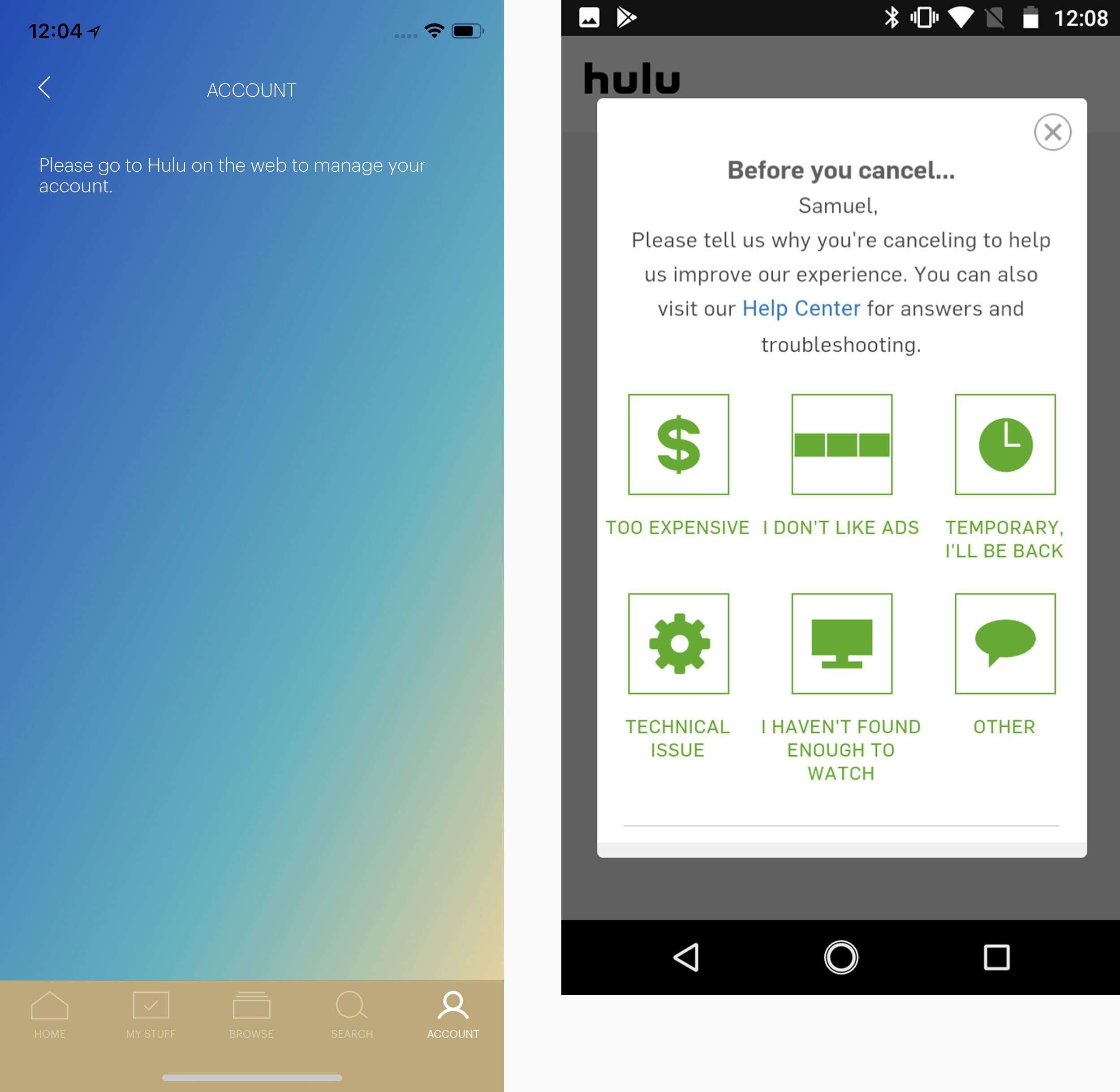 снимок экрана: отмена hulu на iphone и android