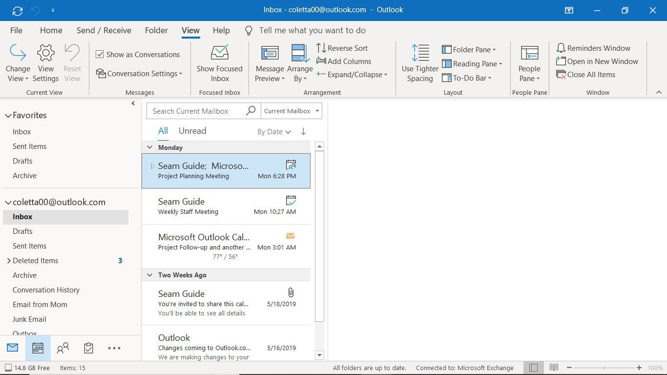 Outlook 2019 с переключателем просмотра для доступа к календарю Outlook