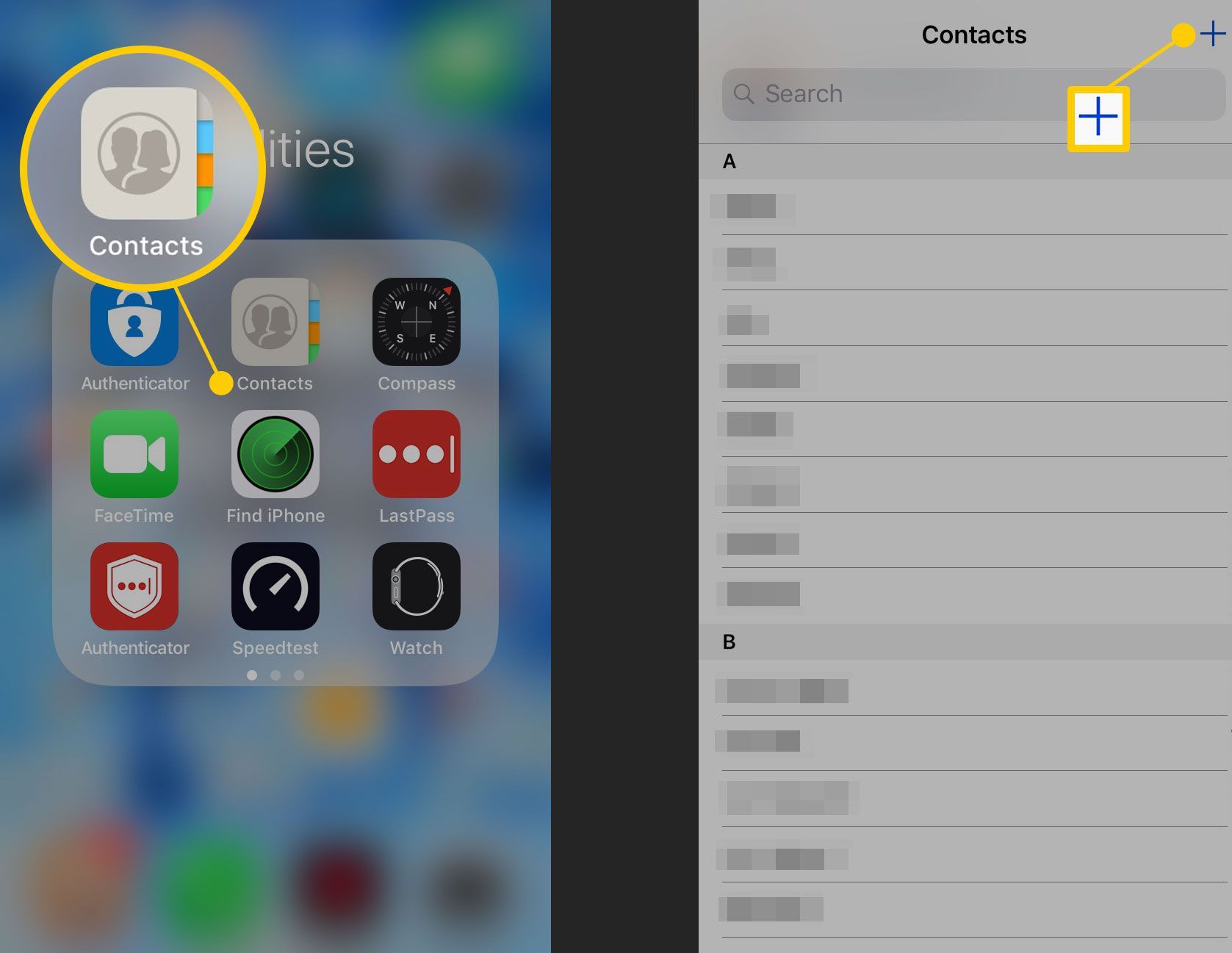 Приложение «Контакты» и кнопка «Добавить контакт» на iPhone