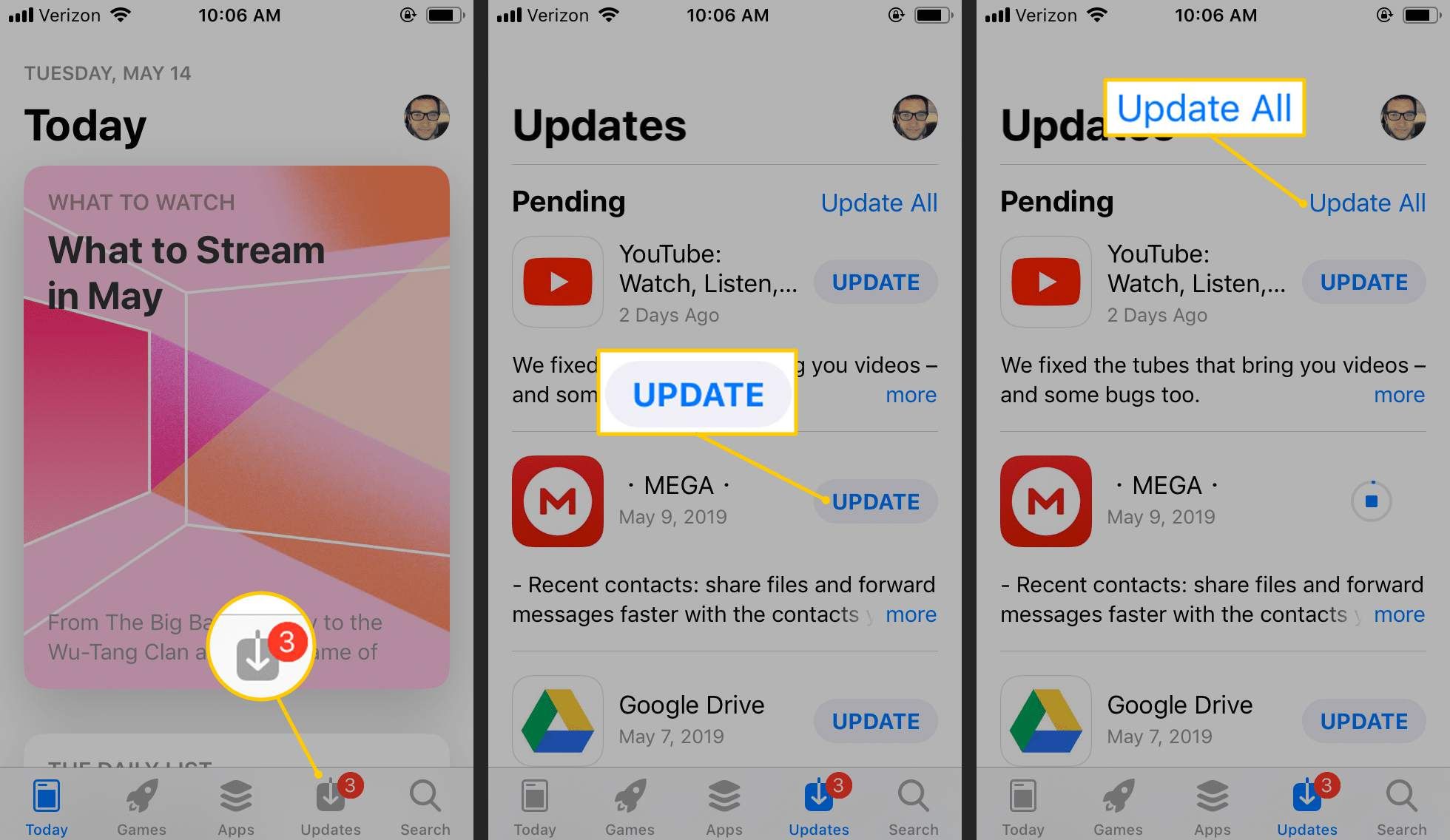 Значок обновлений, кнопка «Обновить», кнопка «Обновить все» в iOS App Store