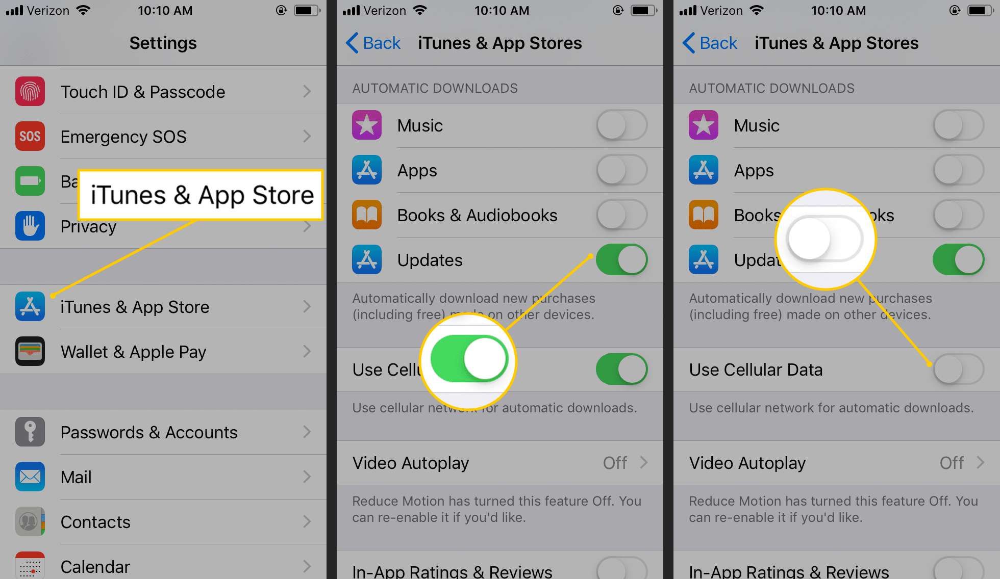 iTunes & App Store, переключатель обновлений, использование сотовых данных