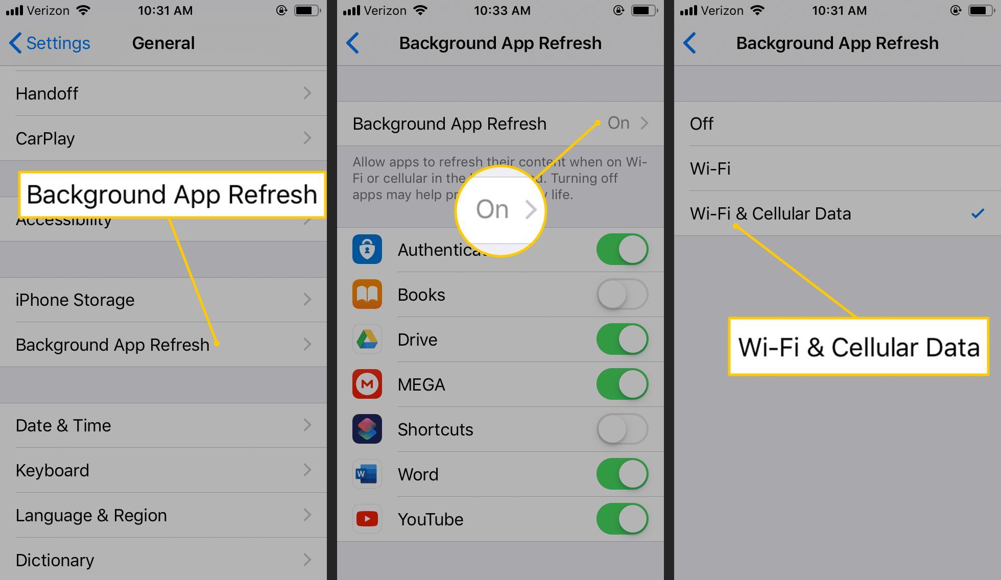 Фоновое приложение Обновить, кнопка Вкл, Wi-Fi и сотовые данные в настройках iOS