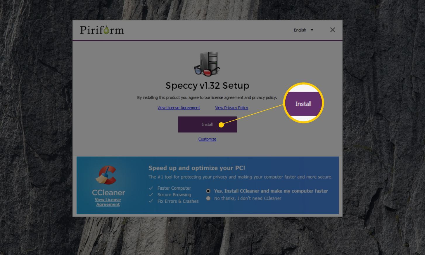Кнопка установки для Speccy v 1.32 в Windows 10