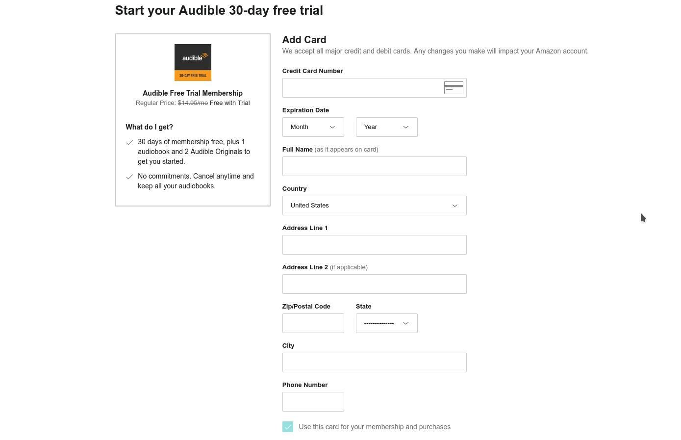 Добавьте способ оплаты в свою учетную запись Amazon, чтобы начать работу с Audible.