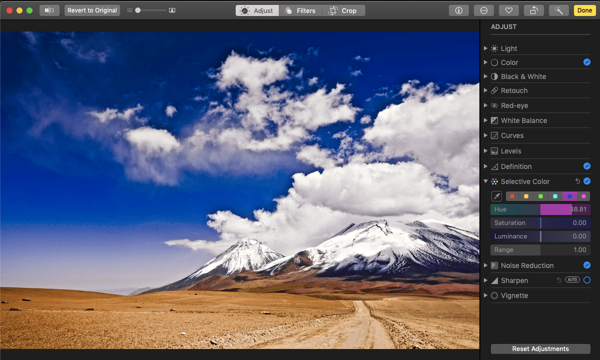 Снимок экрана настройки и выборочного цвета на Mac