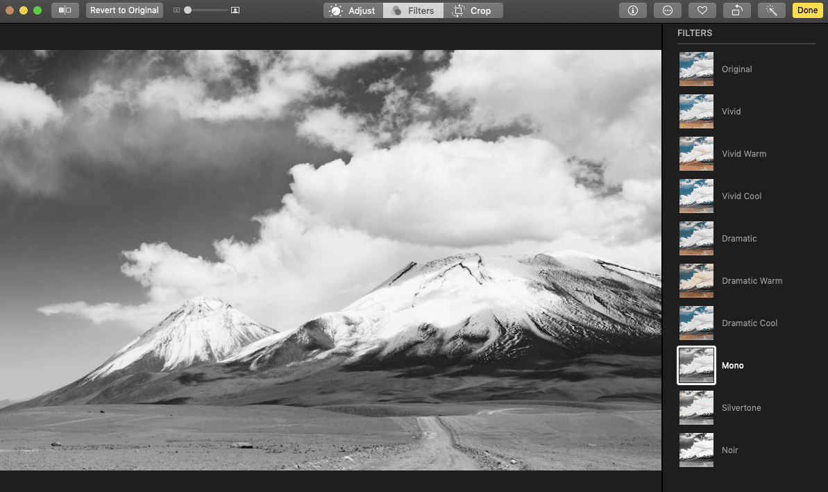Скриншот черно-белого фильтра на Mac