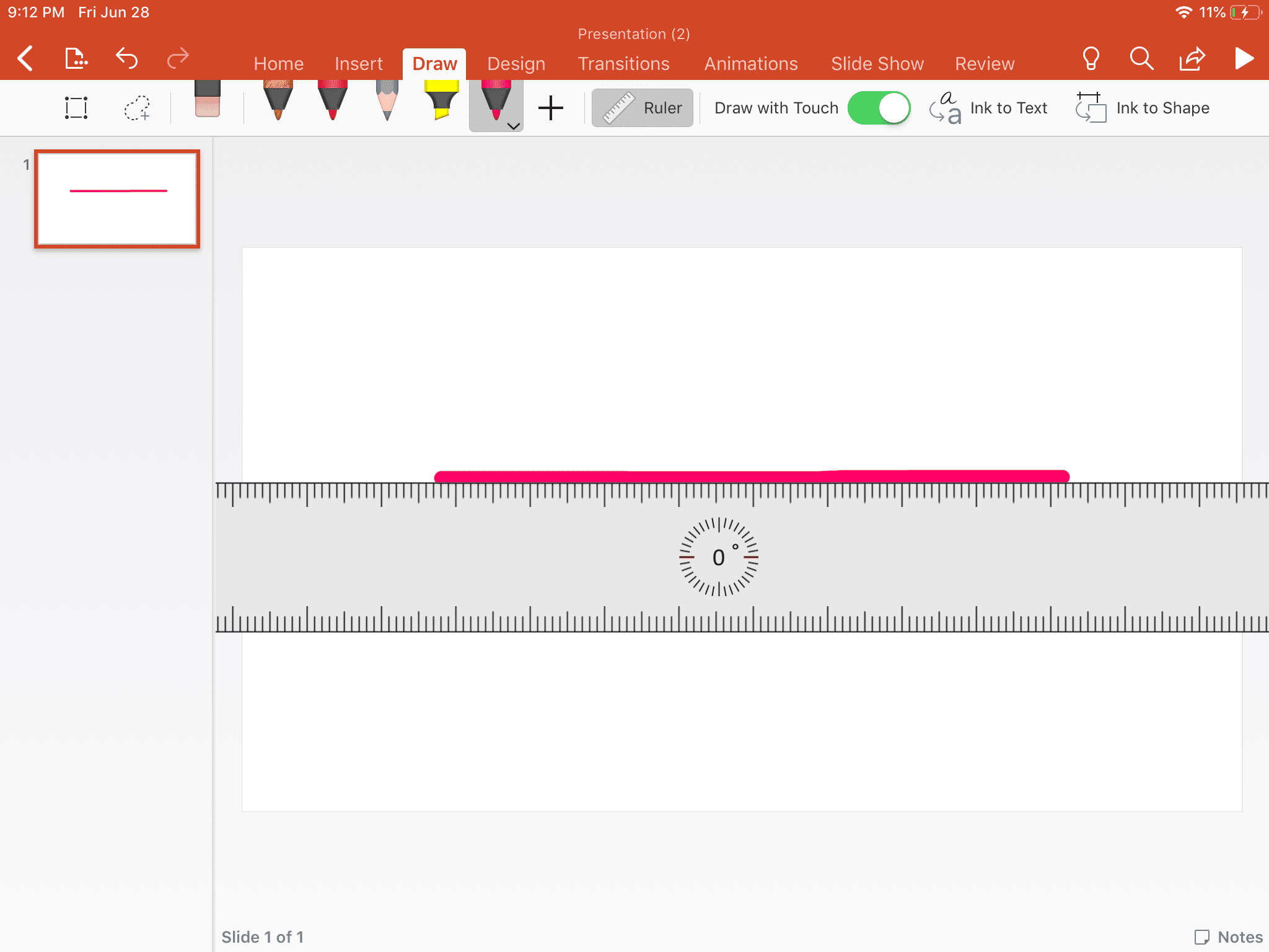 Рисование прямой линии с помощью инструментов «Перо» и «Линейка» в Powerpoint