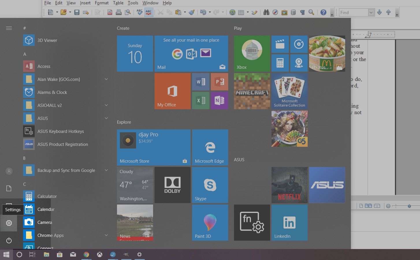 Открытое меню Windows 10
