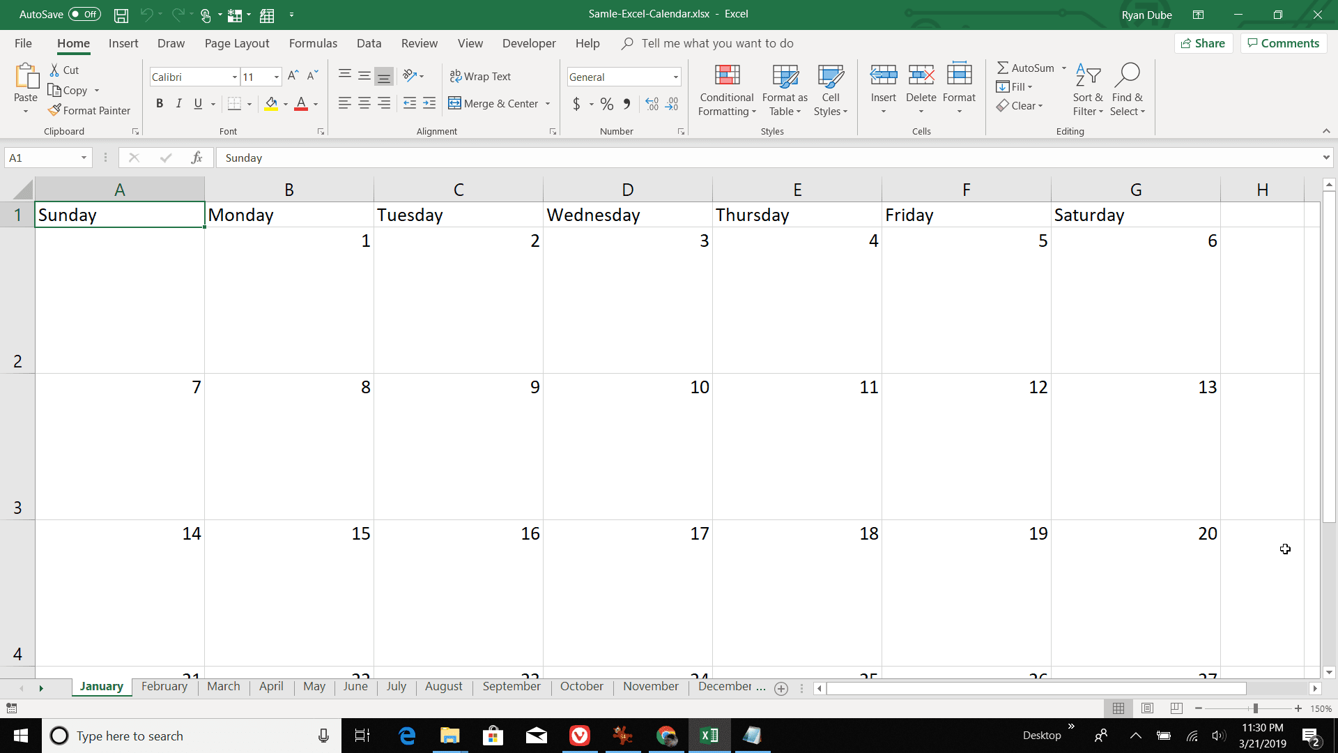 Снимок экрана добавления всех месяцев в календарь Excel