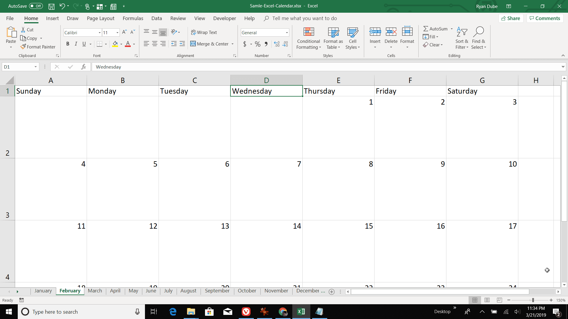 Скриншот нумерации дней на февраль в Excel