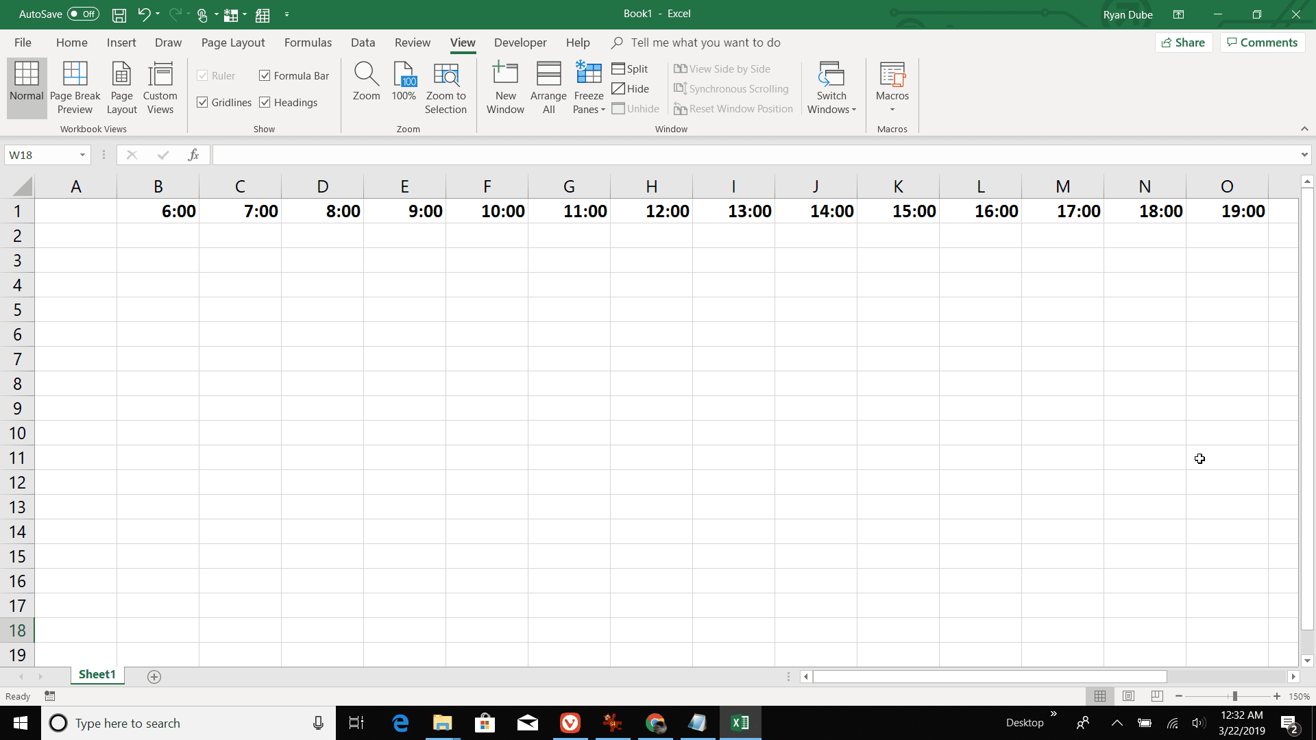 Снимок экрана создания почасовой строки заголовка в Excel