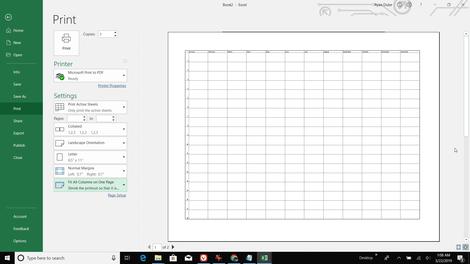Снимок экрана печати годовой повестки дня в Excel