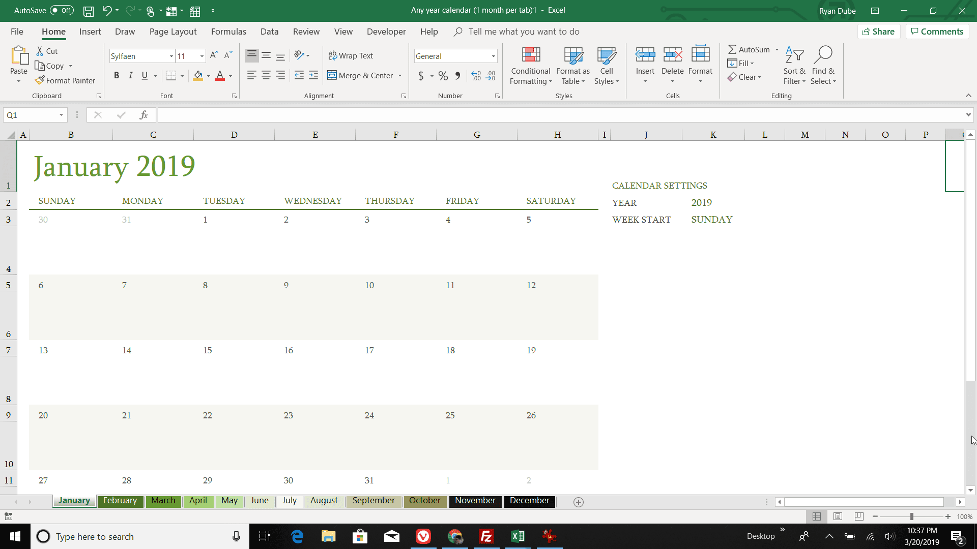 Снимок экрана с использованием шаблона календаря в Excel