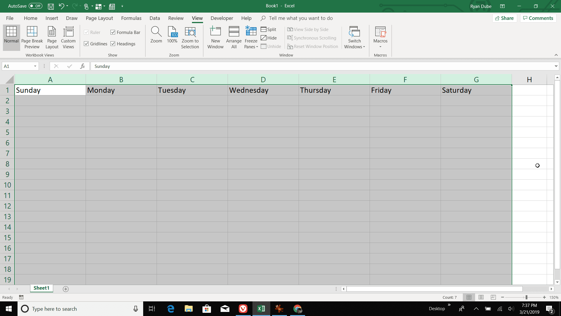 Снимок экрана настройки столбцов календаря в Excel