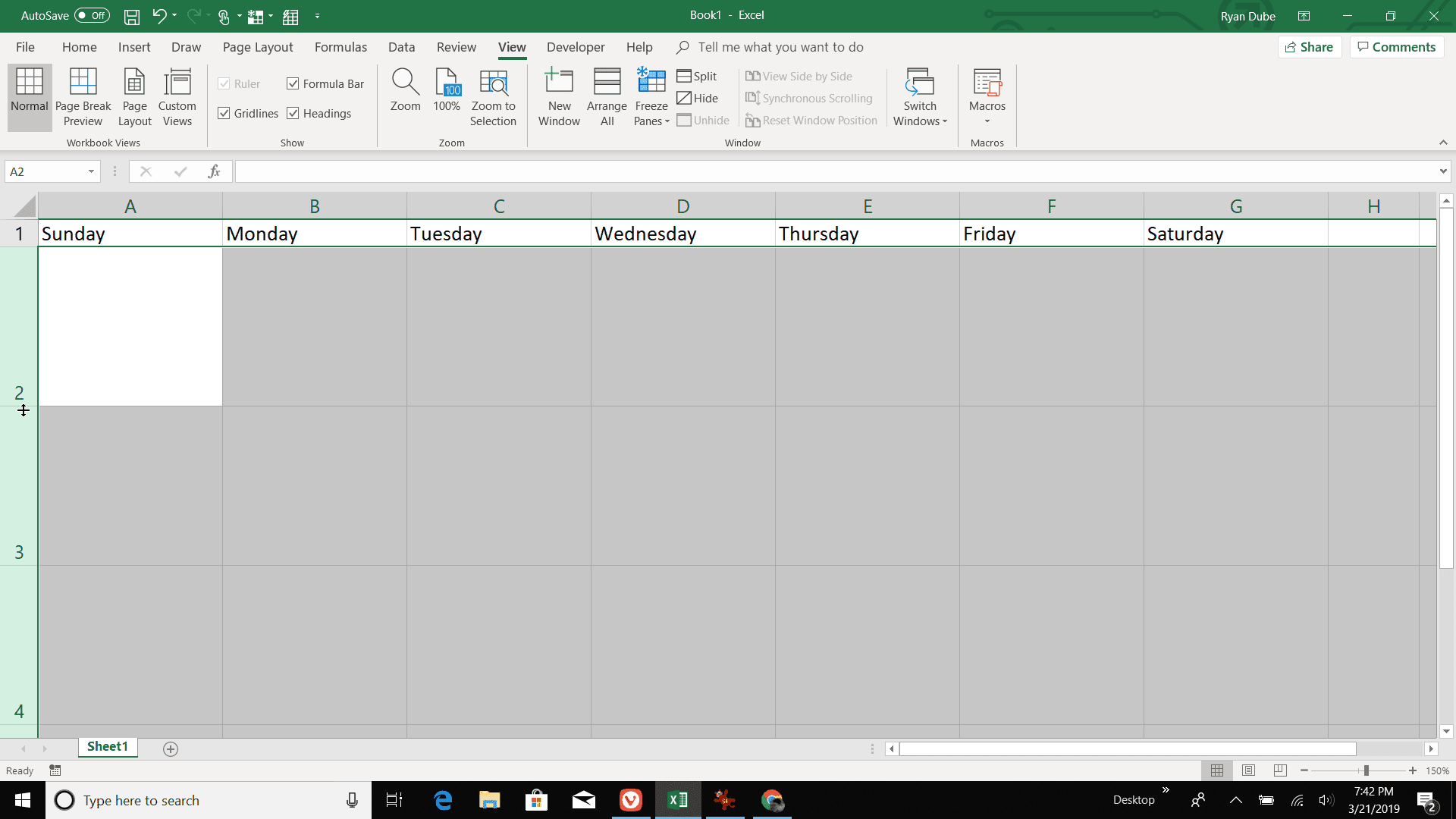 Снимок экрана настройки высоты строки календаря в Excel