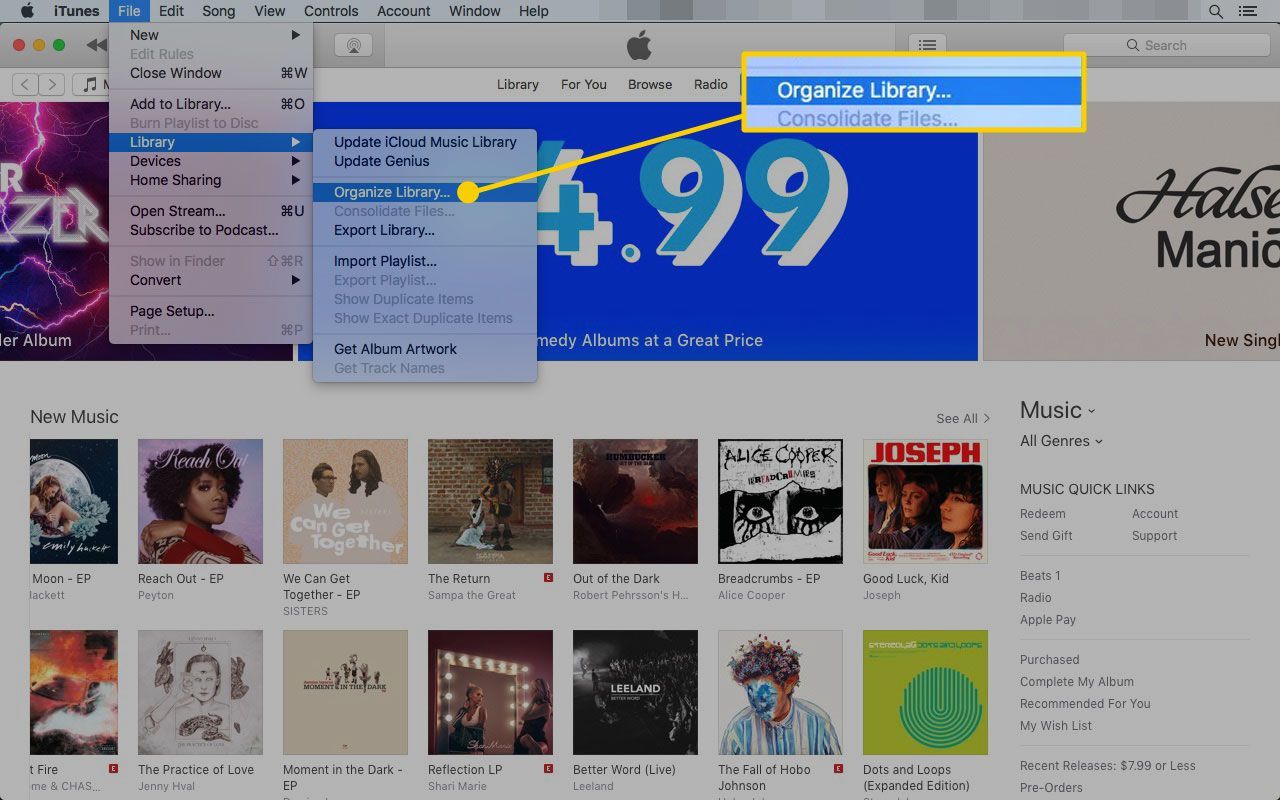 iTunes на Mac с выделенной опцией «Упорядочить библиотеку»