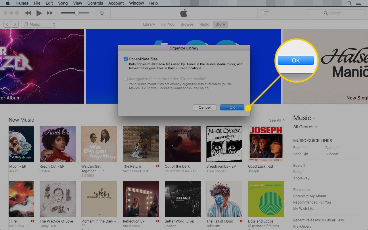 Окно «Организация библиотеки» в iTunes с выделенной кнопкой «ОК»