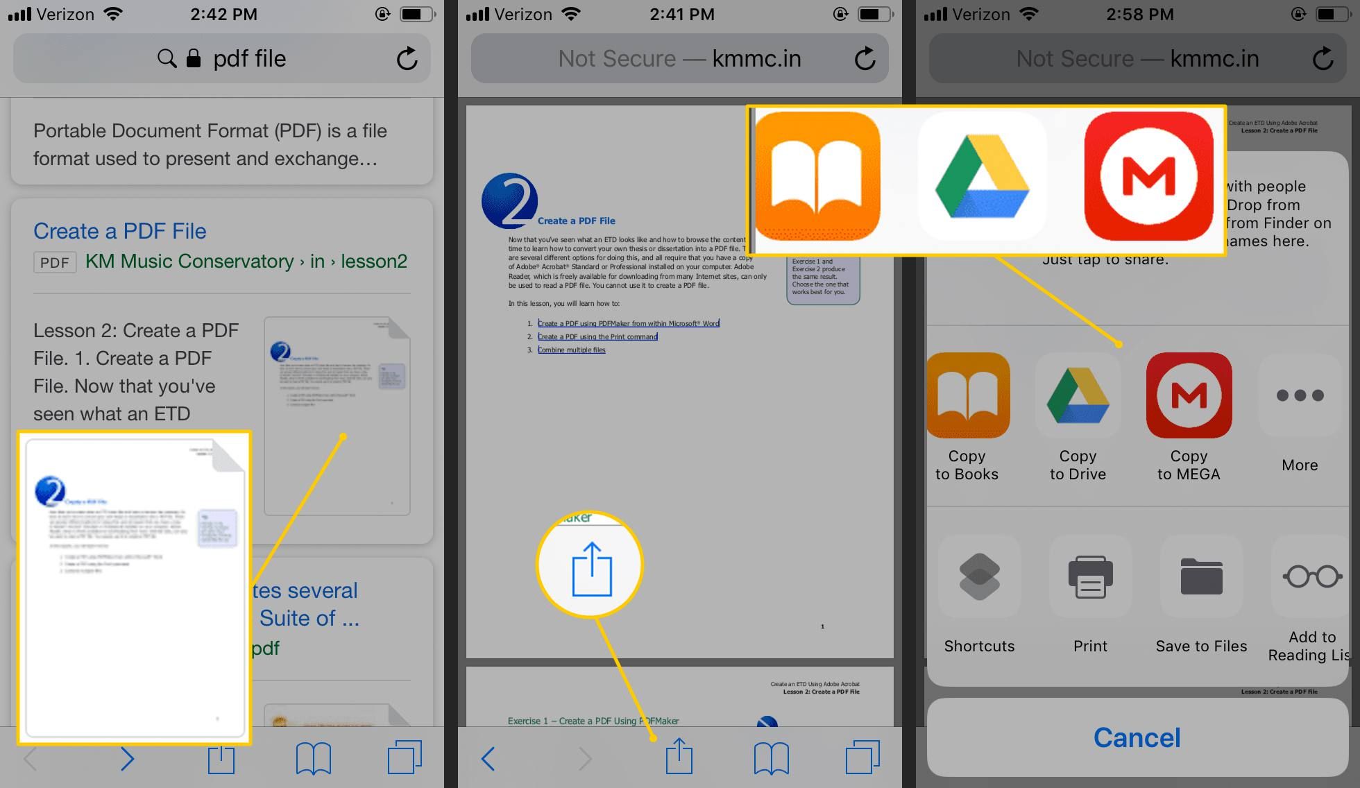 PDF, кнопка «Поделиться», опции для хранения PDF на iOS