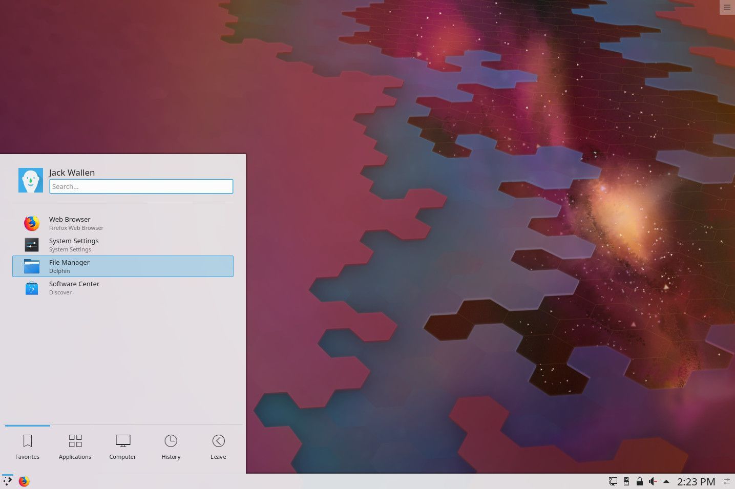 Скриншот меню рабочего стола KDE.