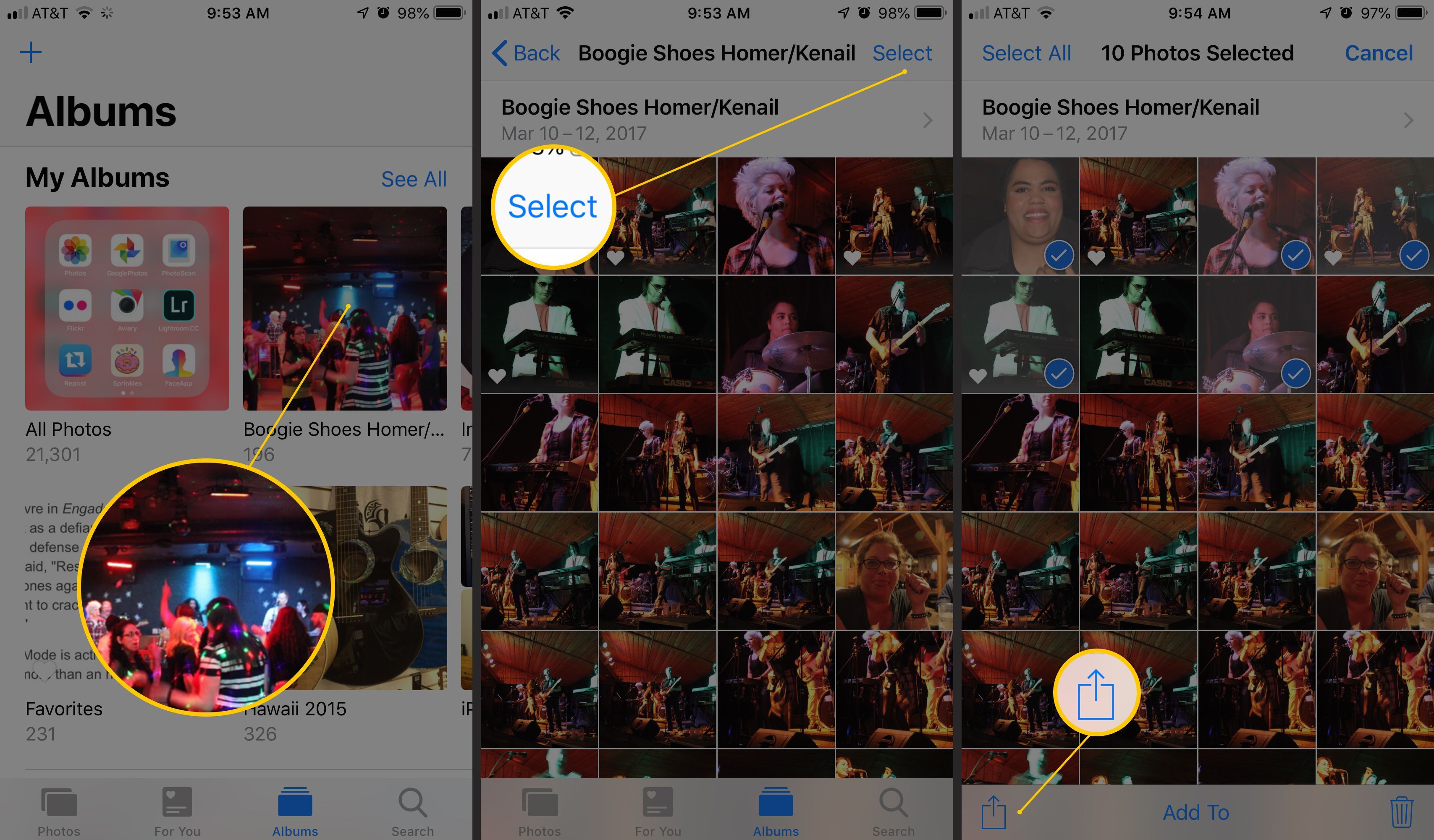 Три экрана iOS с фотоальбомом, кнопка «Выбрать», затем кнопка «Поделиться» в приложении «Фото»