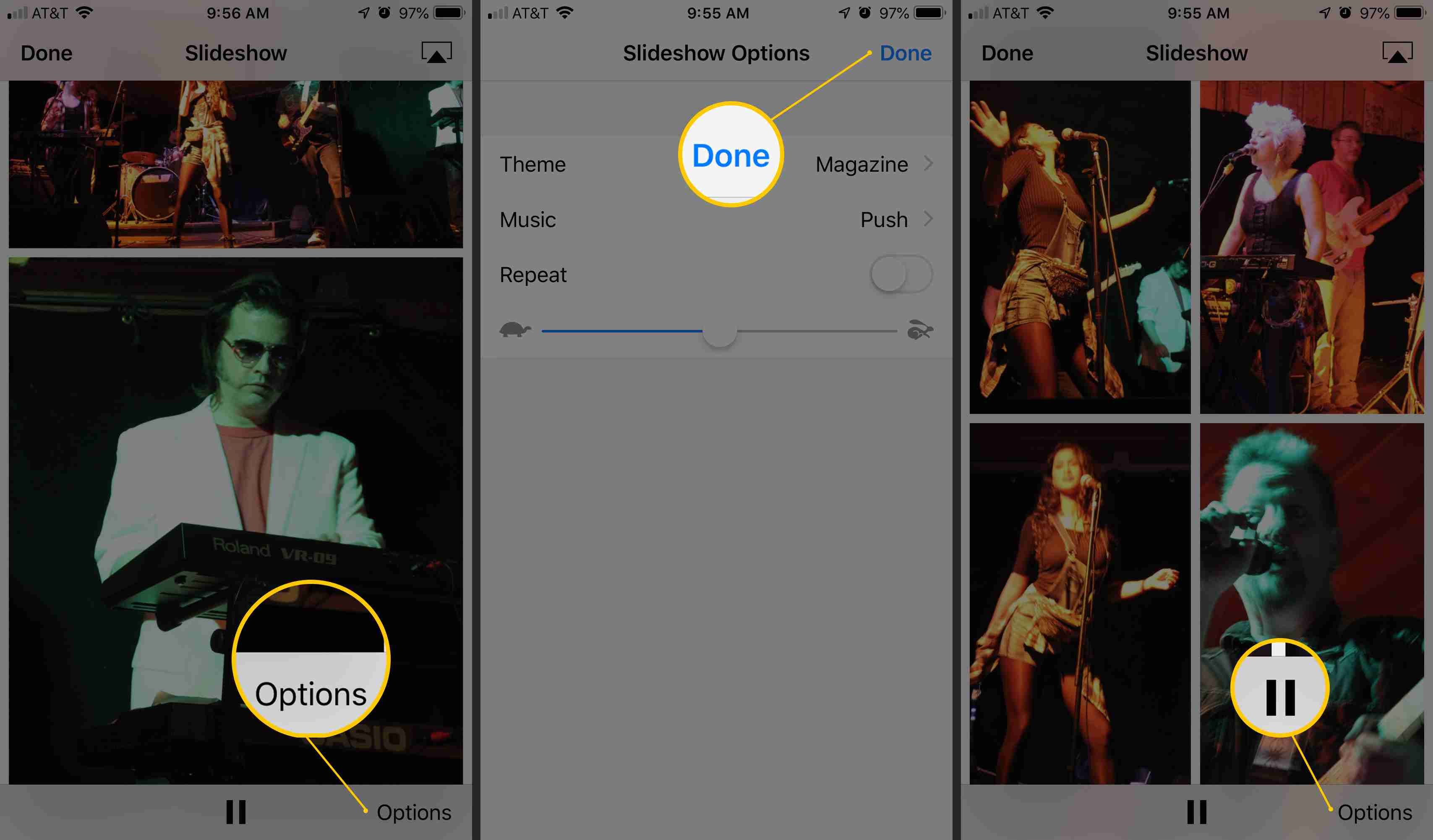 Три экрана iOS с кнопками «Параметры», «Готово» и «Пауза» в интерфейсе слайд-шоу для приложения «Фотографии»