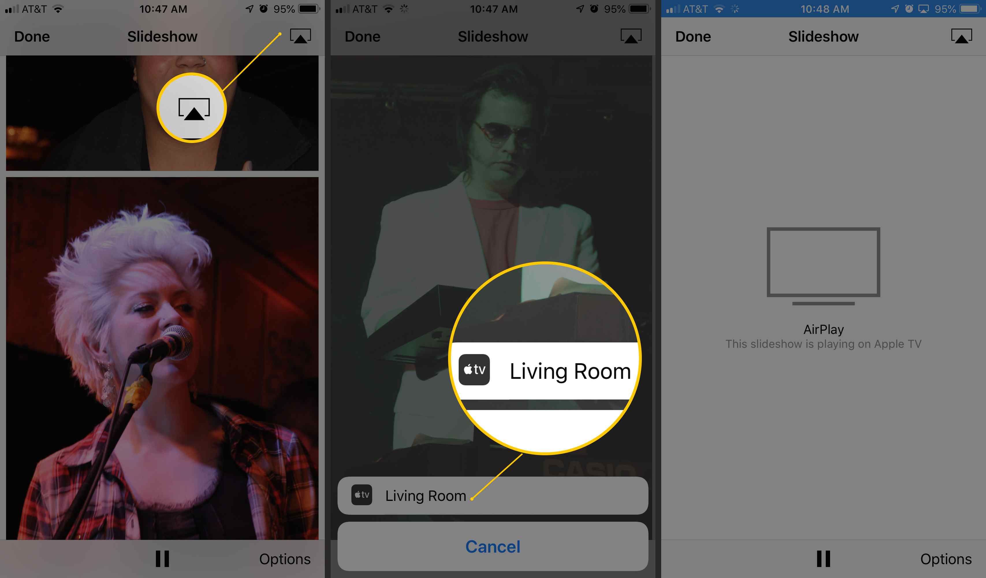 Три экрана iOS, показывающие AirPlay, Apple TV Living Room и