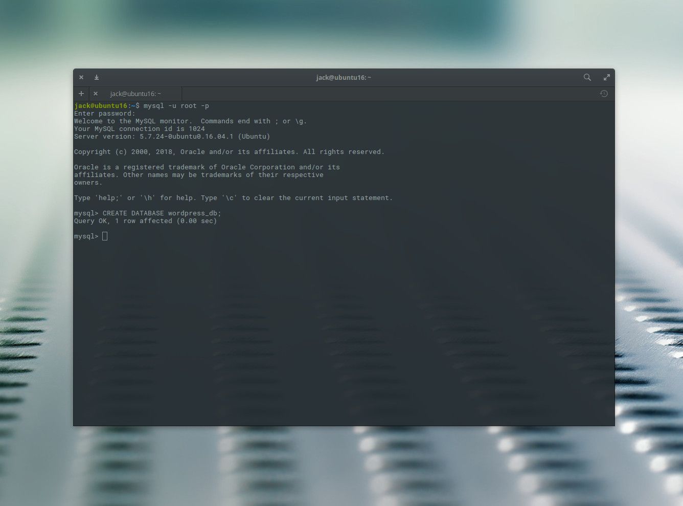 Снимок экрана создания базы данных MySQL.