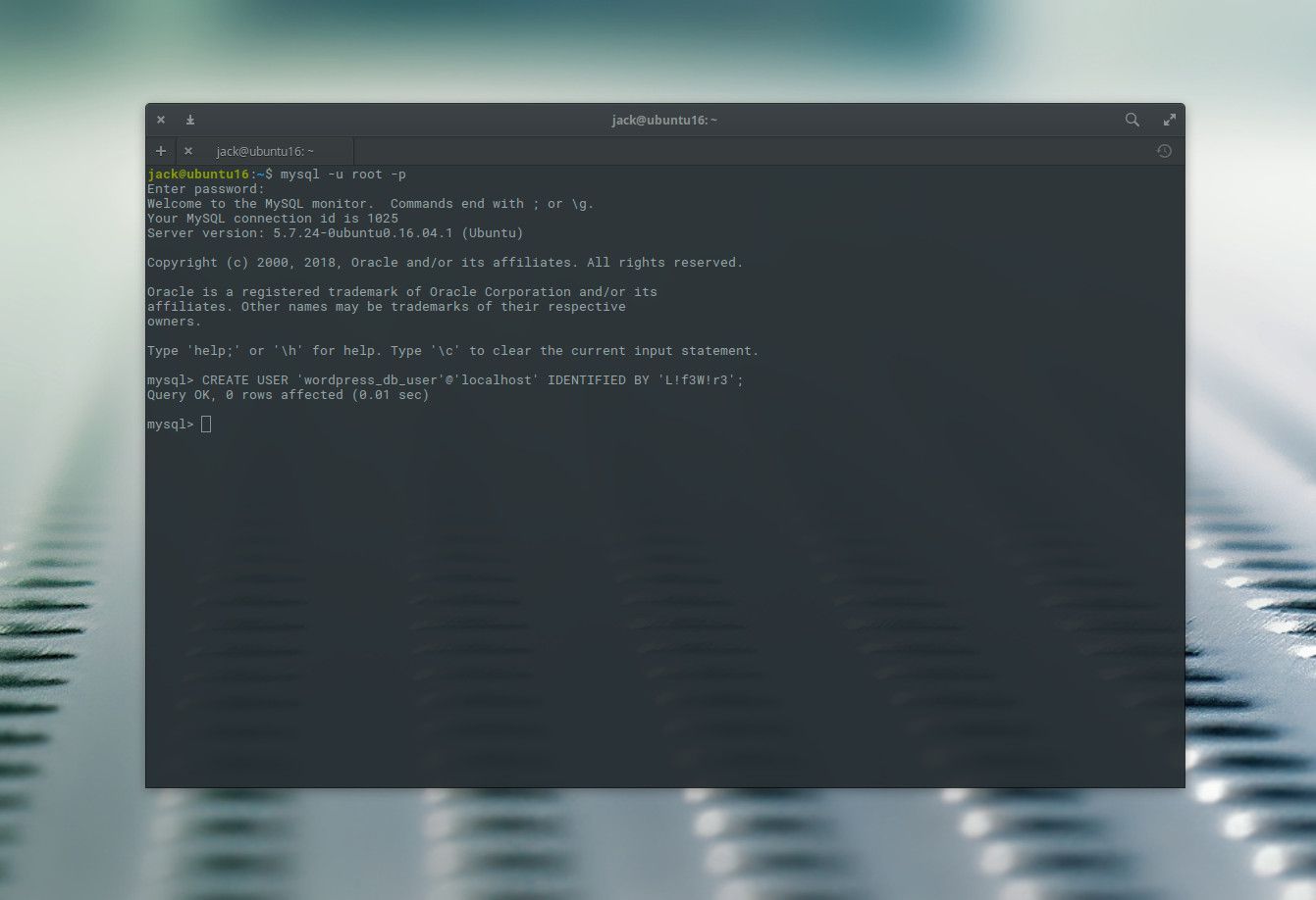 Снимок экрана создания пользователя MySQL.