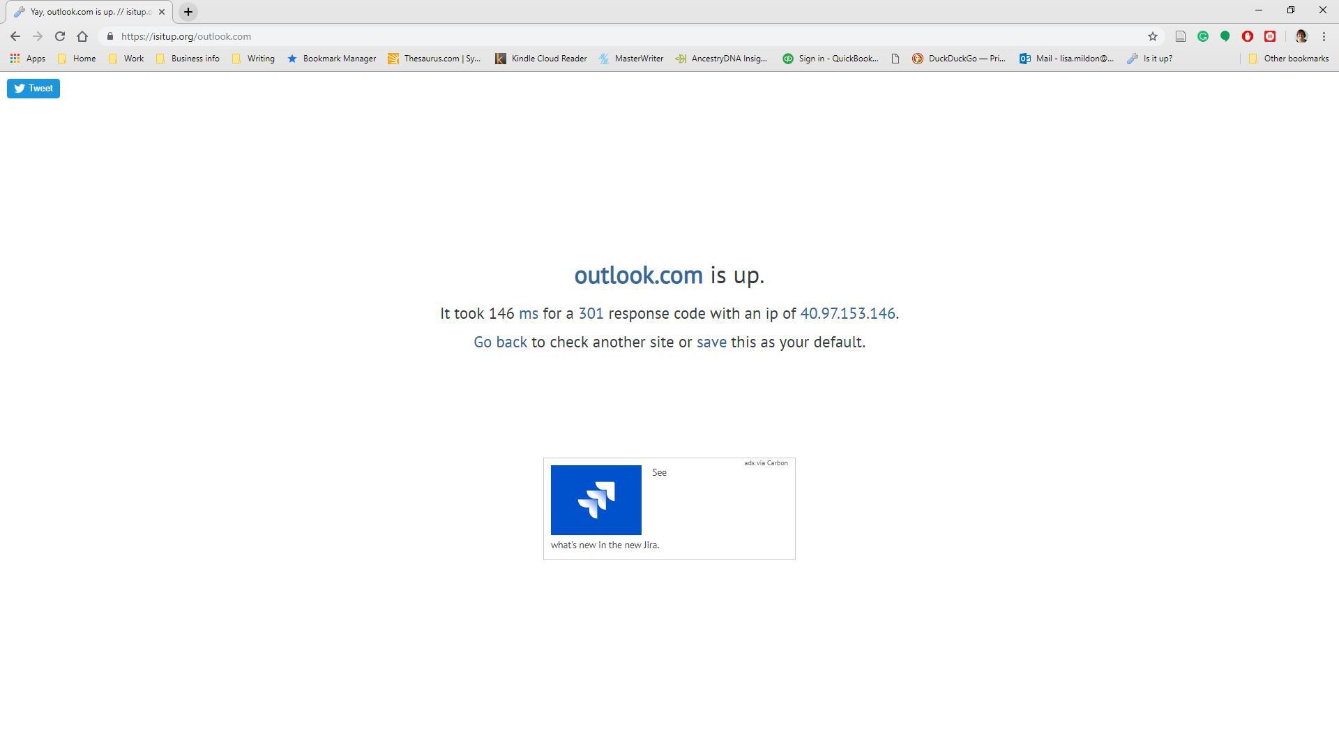 Веб-сайт Is Up, отображающий Outlook.com's website status.