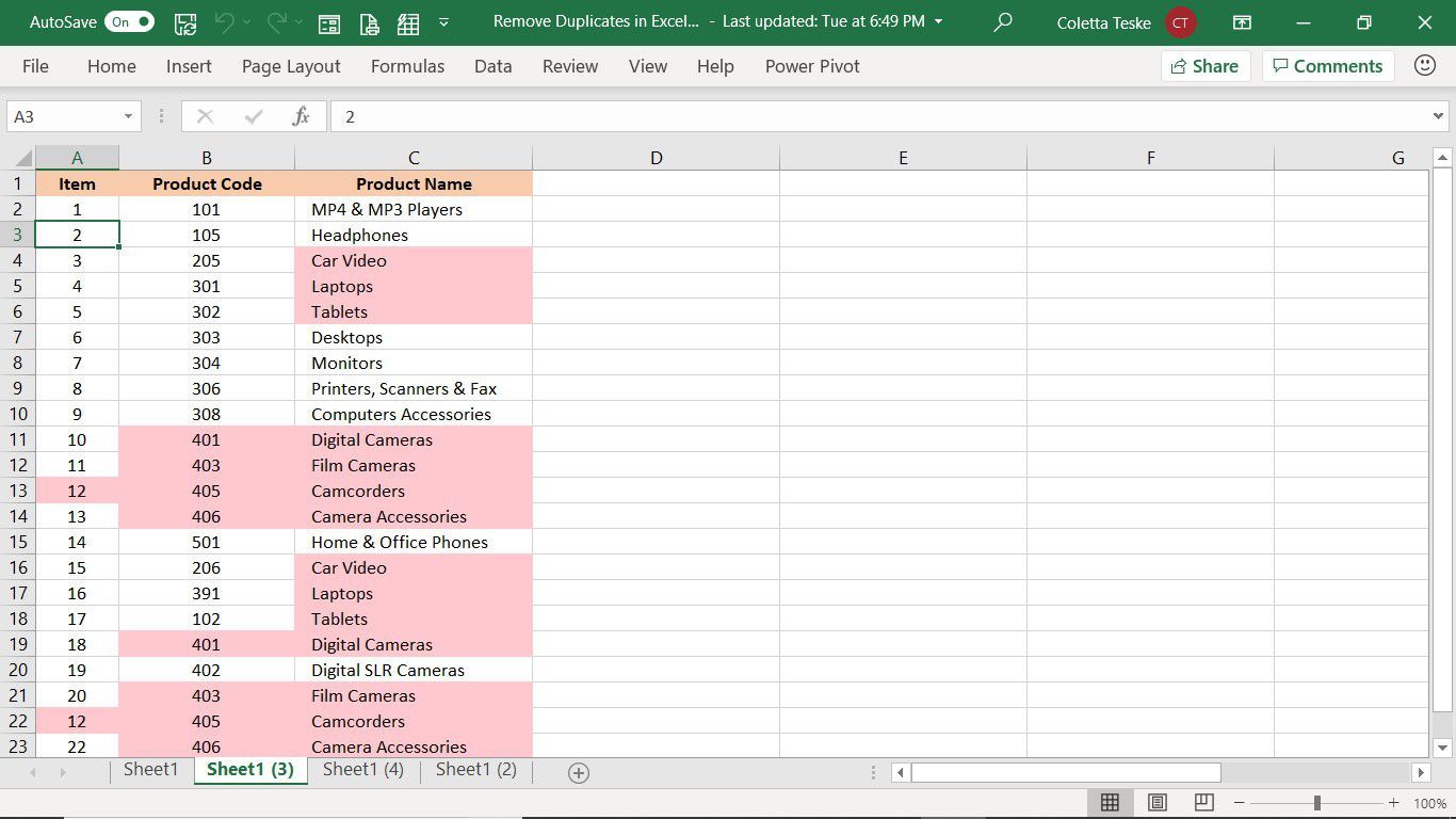 Данные, выбранные для удаления только найденных дубликатов, указаны в столбцах Excel