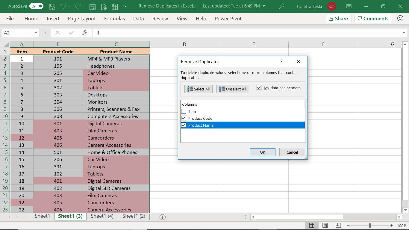 Диалоговое окно «Удалить дубликаты» для удаления дублирующихся строк в Excel