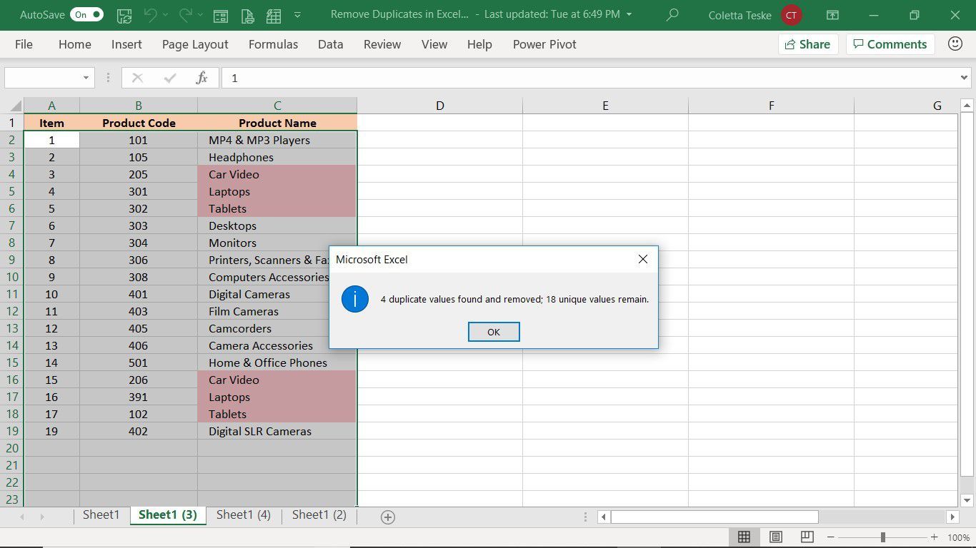 Microsoft Excel подтверждение количества удаленных дубликатов в Excel