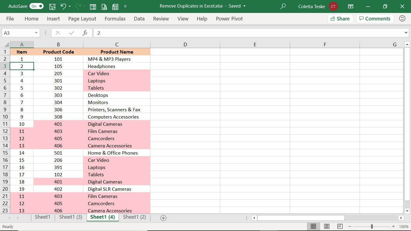 Выбранные данные для фильтрации дубликатов в Excel