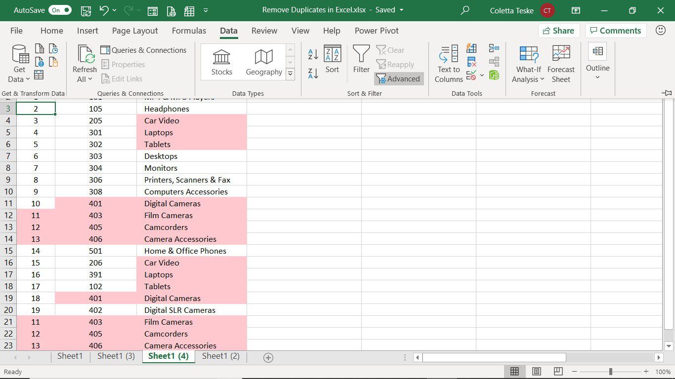 Использование расширенного фильтра, чтобы избавиться от дубликатов в Excel