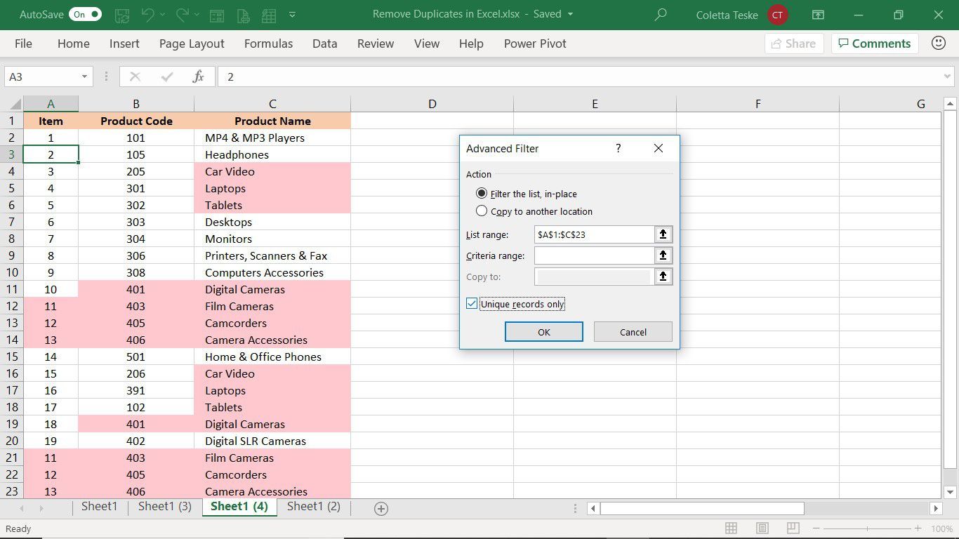 Диалоговое окно «Расширенный фильтр», показывающее, как фильтровать уникальные значения только в Excel