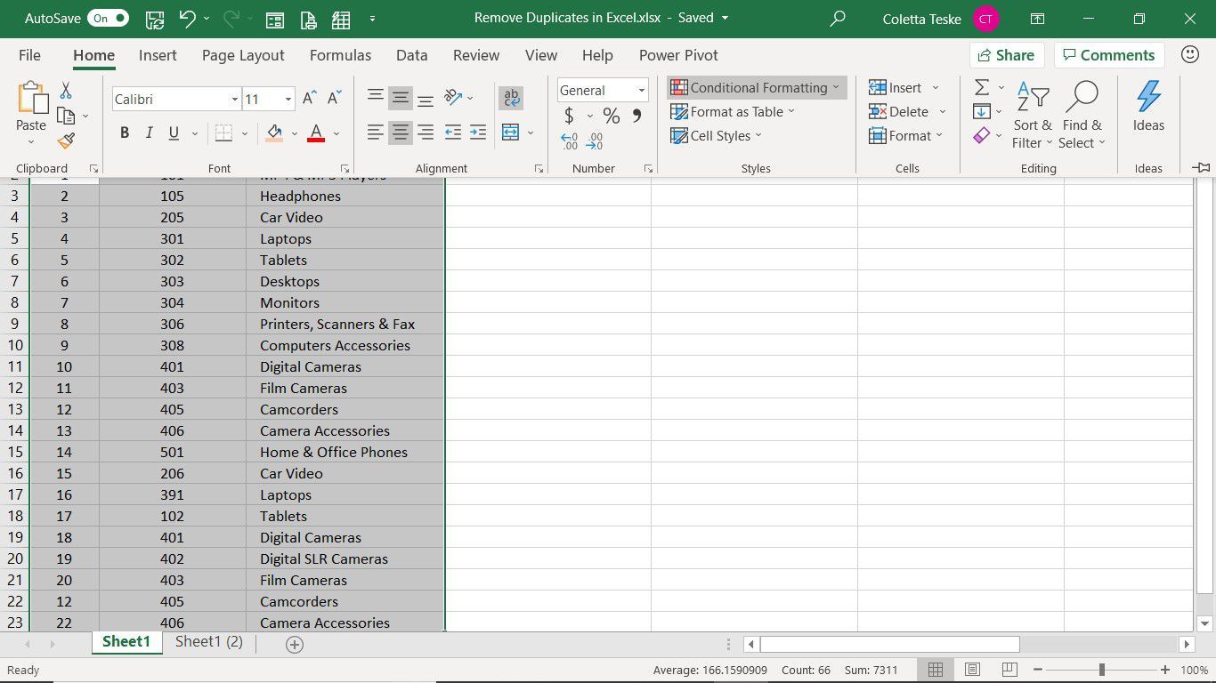 Выбранные данные для использования условного форматирования в Excel для дедупликации Excel