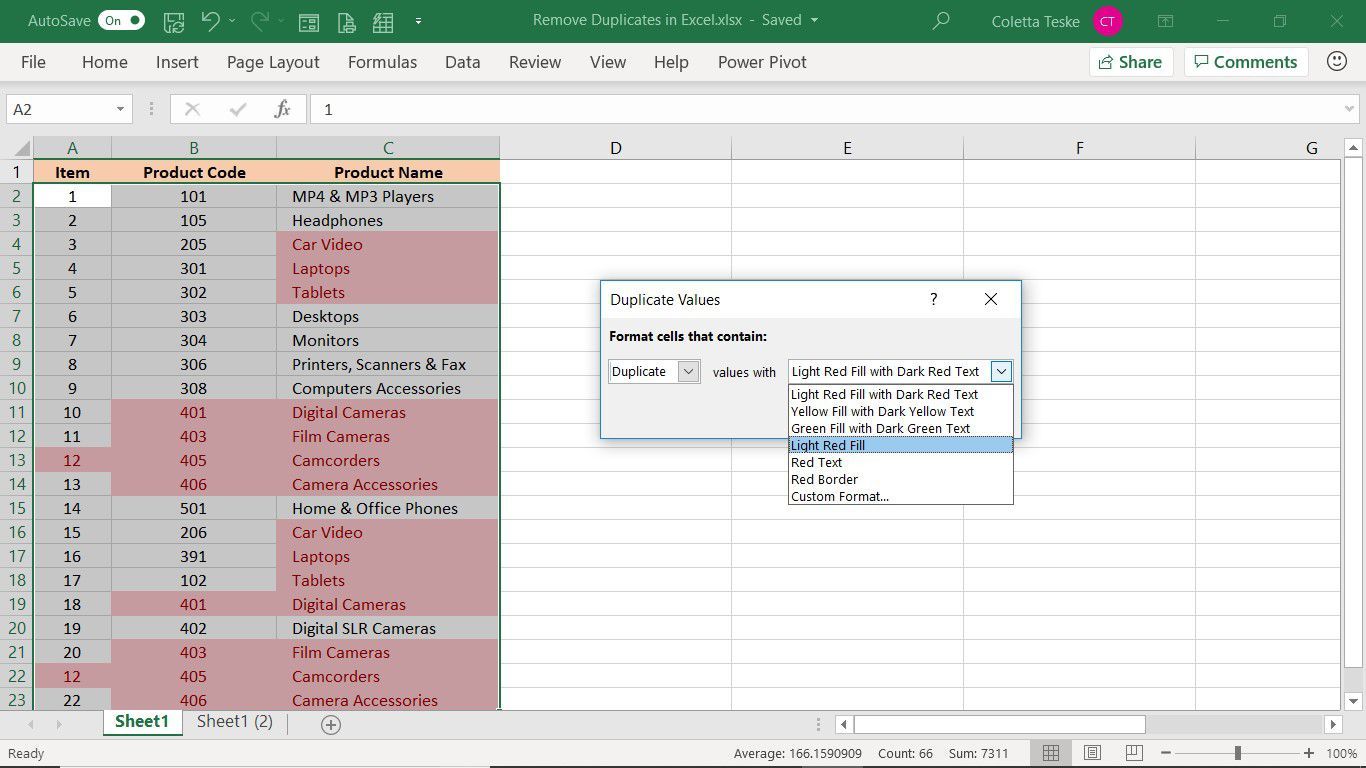 Диалоговое окно Duplicate Values ​​в Excel для выбора выделения для условного форматирования дубликатов данных