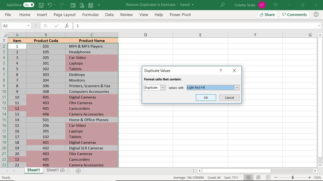 Диалоговое окно Duplicate Values ​​в Excel, показывающее, как удалить дубликаты в Excel