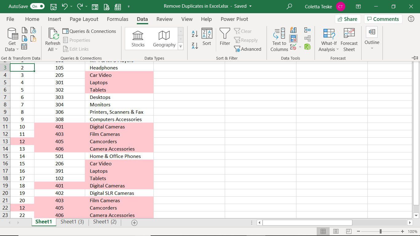 Вкладка «Данные» в Excel, показывающая инструмент «Удалить дубликаты»