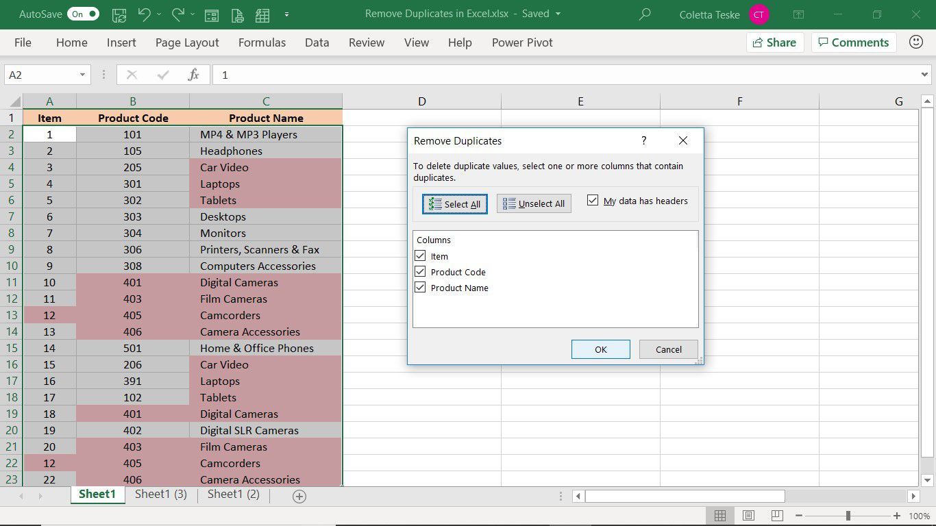 Диалоговое окно «Удалить дубликаты», показывающее, как удалять дубликаты в Excel
