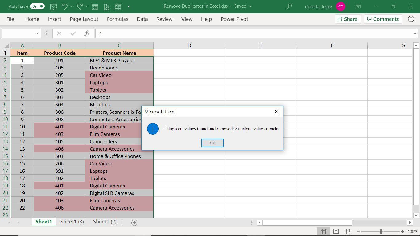 Excel показывает количество значений дубликатов, которые были найдены и удалены